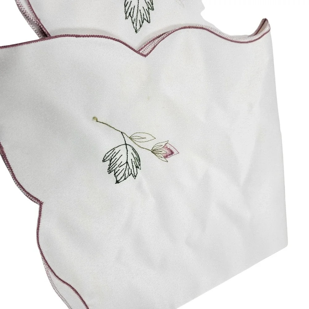 Vintage Embroidered Rose Satin Cloth Napkins Set‎ 6 Scalloped Edges Dinner Party